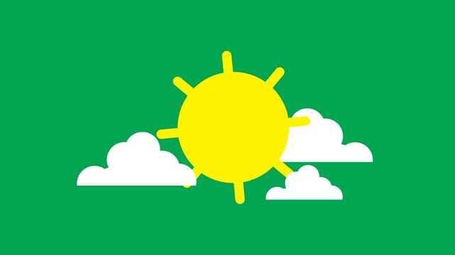 Flat Sunny Weather Animation with Rotating Sun and Moving Clouds on Green Screen