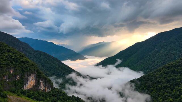 Dramatic sunbeams piercing through storm clouds over a mist filled mountain valley at sunset