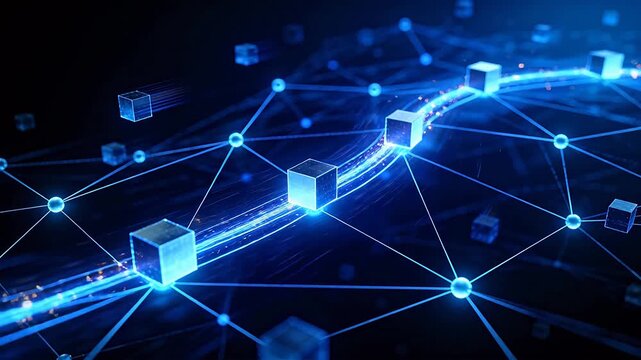 Digital network of transparent cubes with glowing blue purple lines