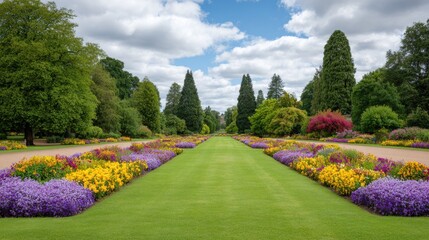 Obraz premium A Stunning Floral Landscape in Full Bloom Showcasing Vibrant Colors and Lush Greenery with Cloudy Blue Skies Above