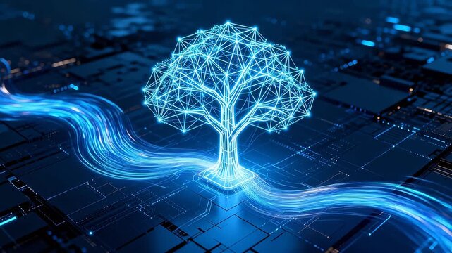 Glowing digital tree with blue white polygonal branches and circuit board base
