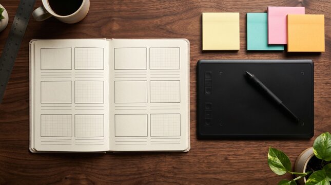 Top-down flat lay view of a creative workspace desk with an open storyboard notebook, digital graphics tablet with stylus, colorful sticky notes, and coffee cup, pre-production and animation planning 