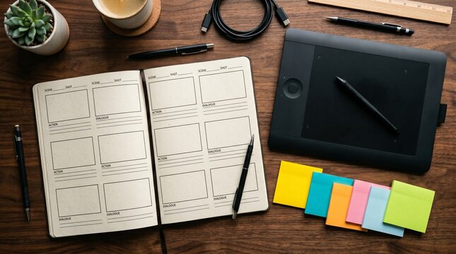 Top-down flat lay view of a creative workspace desk with an open storyboard notebook, digital graphics tablet with stylus, colorful sticky notes, and coffee cup, pre-production and animation planning 