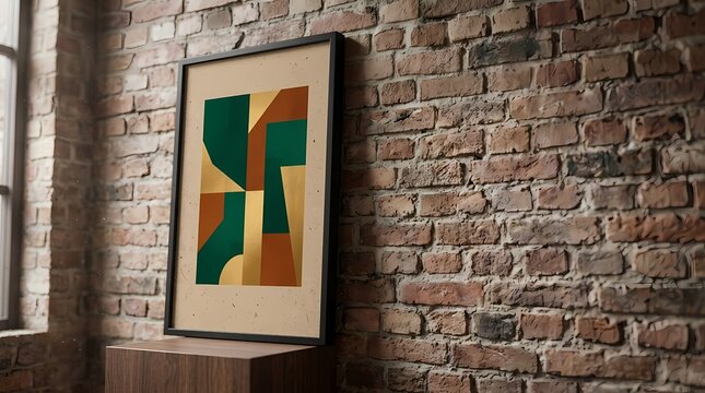 Abstract geometric artwork in frame against textured brick wall interior