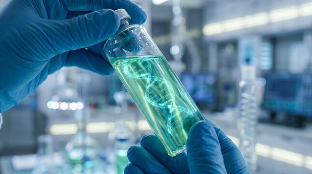 Close up shot of a scientist holding a vial with a glowing DNA helix structure inside a modern laboratory.