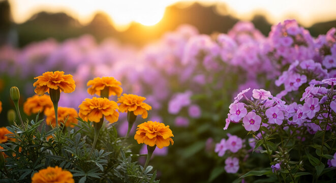 Orange marigolds and purple phlox bloom in a garden at sunset, symbolizing natural beauty and the transition of day to night.