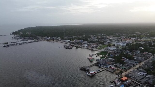 Aerial Panorama of Amazon Rainforest and River Settlement in Northern Brazil