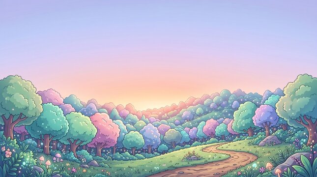 Whimsical fairytale forest landscape background with a winding dirt path among cute pastel colored trees, glowing magical flowers, and a beautiful twilight sunset sky, cute 2D cartoon illustration sty