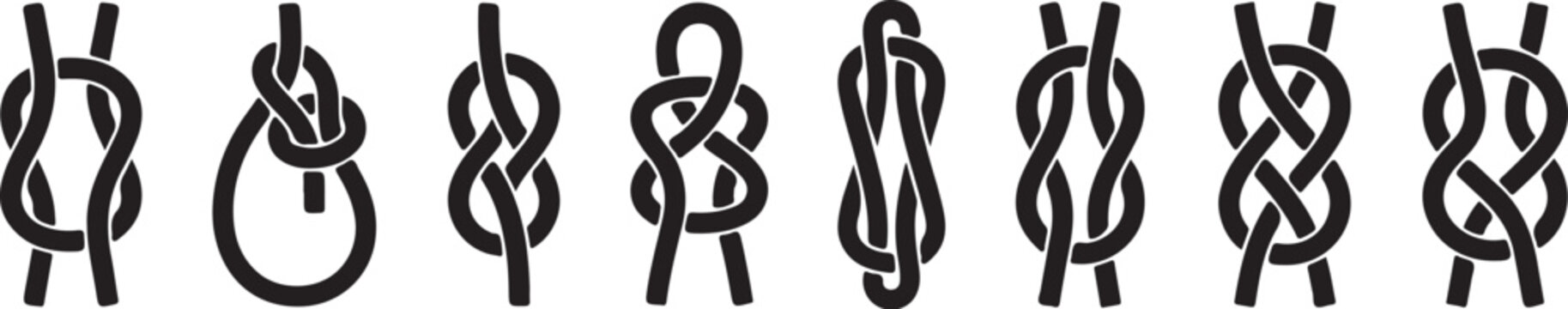 Knot icons, rope knots, nautical symbols, vector set