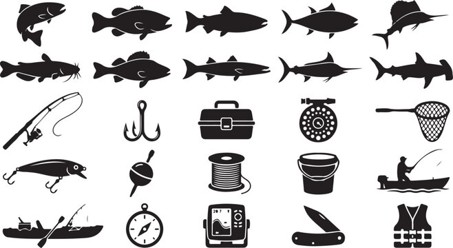 Fishing icons, black silhouette symbols, 25 vector graphics, fishing equipment, aquatic wildlife