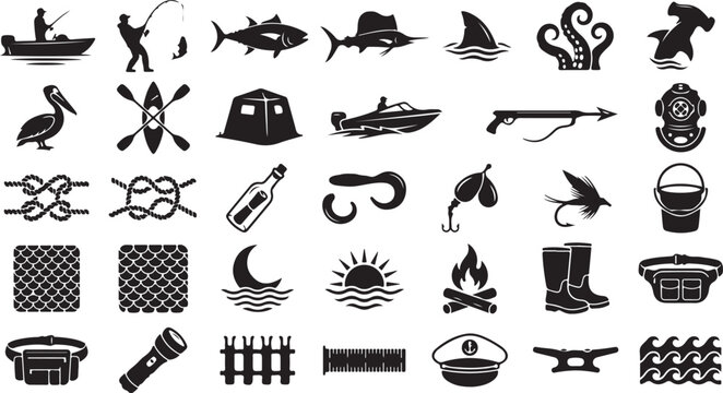 Outdoor adventure icons, black vector graphics, camping and fishing symbols, 40 silhouette illustrations