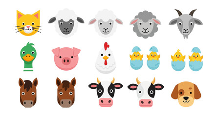 Fototapeta premium Cute Farm Animals Faces Collection - Cartoon Style