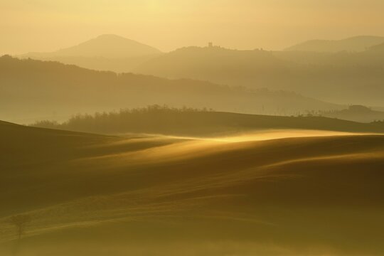 Morning atmosphere in Tuscany, hilly landscape with fog glowing in first light at sunrise, Val d'Orcia, Tuscany, Italy