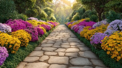 Obraz premium Serene Stone Pathway Surrounded by Vibrant Flower Beds in a Lush Garden During Golden Hour