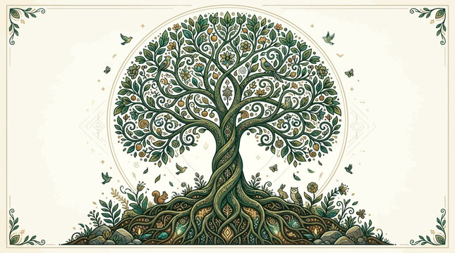 Intricate tree of life with roots and leaves.