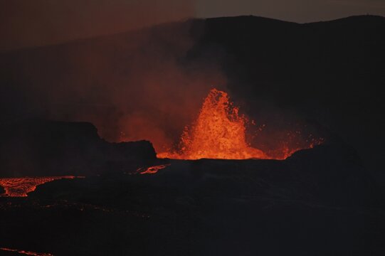 Active volcano spewing lava into the sky, night shot, Fagradalsfjall, Grindavik, Reykjanesskagi, Iceland
