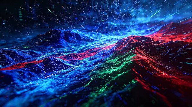Sci-fi digital wave surface with blue red green light bands and particles