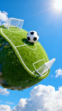 Vertical 3D illustration of a miniature football field on top of planet earth for smartphone wallpaper and international soccer tournament mobile social media.