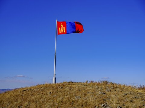 Mongolian national flag on a summit, Ulan Bator, Mongolia