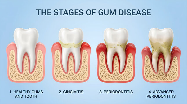 Detailed medical illustration depicting the progressive stages of gum disease, from healthy oral tissues to severe periodontitis, emphasizing dental health and preventive care