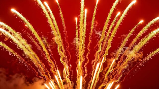 Golden fireworks radiating in dark red night sky
