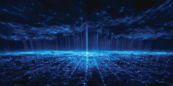 Digital cyberspace grid with vertical light beams and blue data flow cyberspace technology abstract background connection internet information computing communication structure electronic