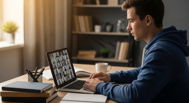 Back To School Young Male Student In Blue Hoodie Attending Large Group Video Conference Screen On Laptop High Resolution JPG Stock Image