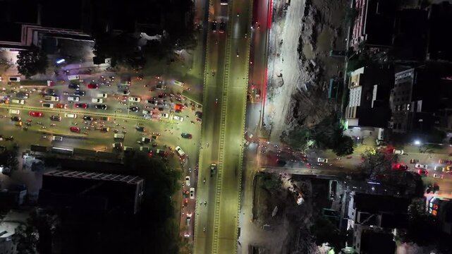Aerial Night Shot of Anna Nagar Flyover and Traffic Chennai India