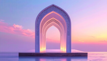 Fototapeta premium Elegant Islamic Arch Structure at Sunset with Reflective Water