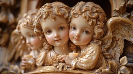 Naklejka premium Baroque angels figurines holding candles closeup, ornate cherubs sculpture, golden religious decoration with gentle faces