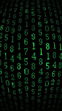 [Vertical 9:16 for social media]A string of numbers; a background reminiscent of cyber or hackers; Green numbers.