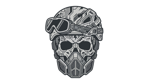 Cybernetic skull wearing tactical military helmet and respirator mask.