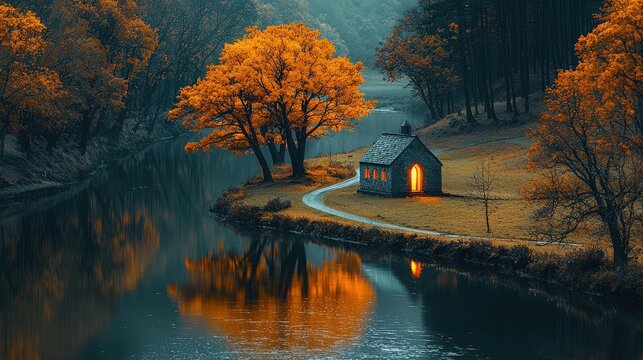 Cozy cabin by tranquil lake with glowing lights and vibrant autumn foliage in peaceful forest landscape