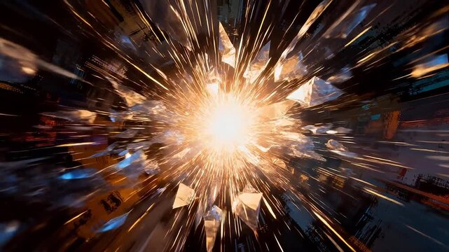 Radiant transparent crystal structure with glowing center in dark industrial scene