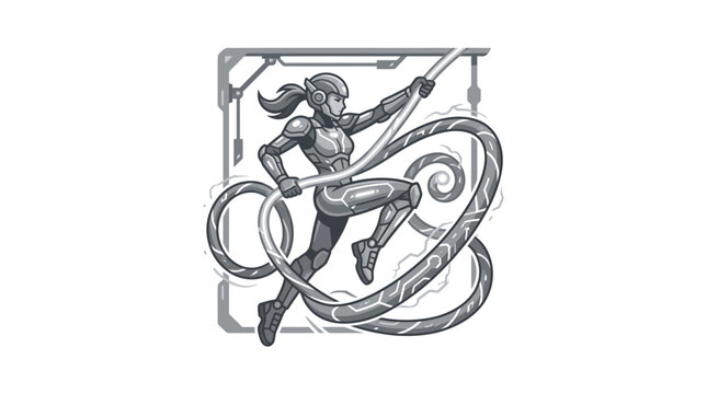 Female armored warrior in dynamic pose with swirling elements.