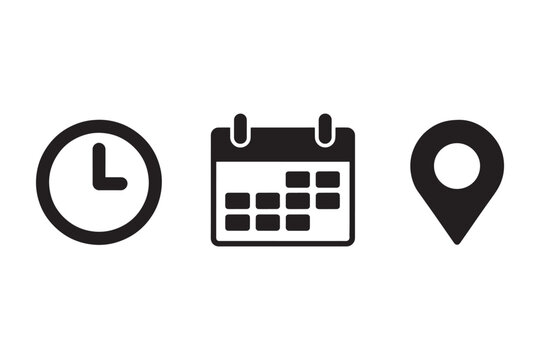A trio of black minimalist representing time a clock face calendar grid and location pin on a clean white background for planning and scheduling concepts