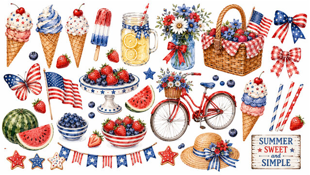 Cute Watercolor Patriotic Summer Americana Clipart Set Featuring Red Vintage Bicycle Ice Cream Cones Picnic Basket and Watermelon for 4th of July Branding and Sticker Designs