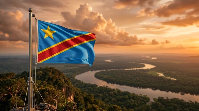 Democratic Republic of the Congo flag waving over winding river in tropical rainforest during sunset