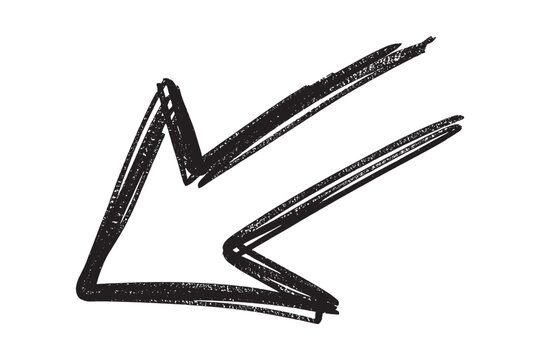 Hand drawn black arrow pointing diagonally down and to the left with a rough textured scribbled line style on a white background Keywords: arrow, hand drawn, scribble, pointing, direction, left