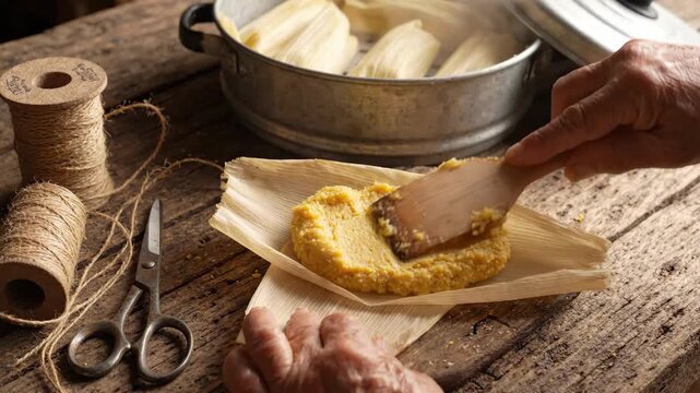 Close up of hands spreading masa dough on a corn husk to make traditional homemade tamales.