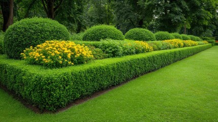 Obraz premium Lush Green Garden Landscape with Neatly Trimmed Boxwood Hedges and Vibrant Yellow Flowers in a Serene Outdoor Setting