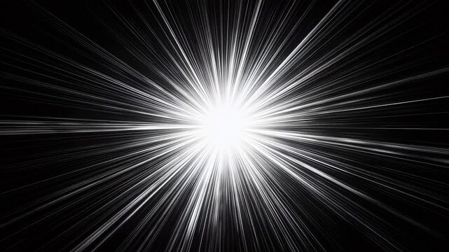 Monochrome light burst expanding rapidly from bright center on black background