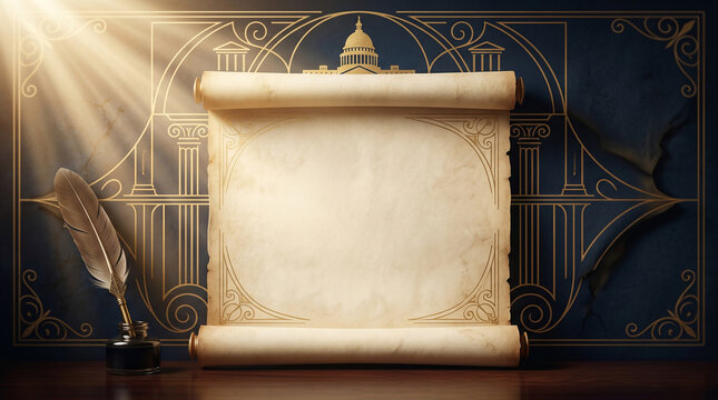Vintage law scroll mockup with feather quill inkwell and gold capitol dome on dark blue wall
