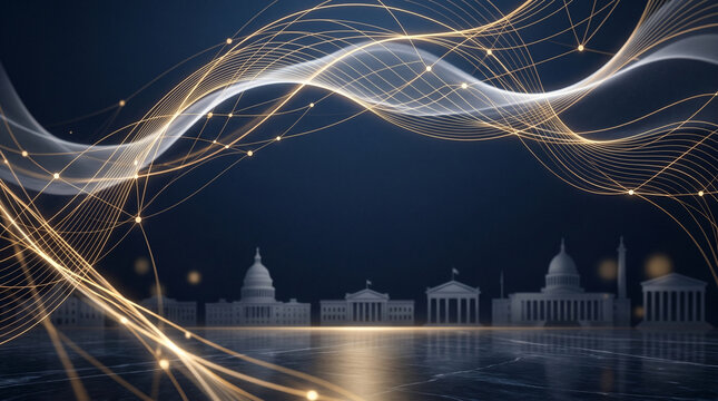 Abstract government building icons with glowing gold digital network data waves background