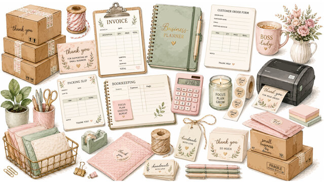 Cute Watercolor Pastel Pink and Sage Green Small Business Seller Toolkit Clipart Set Featuring Shipping Boxes Thermal Label Printer Business Planner and Packing Supplies for Entrepreneur Branding and 