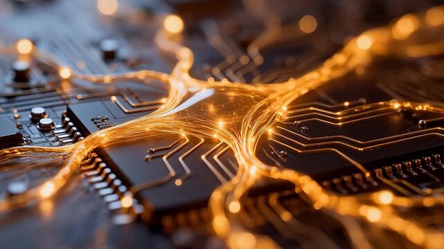 Close-up electronic circuit board with glowing gold lines and microchip components