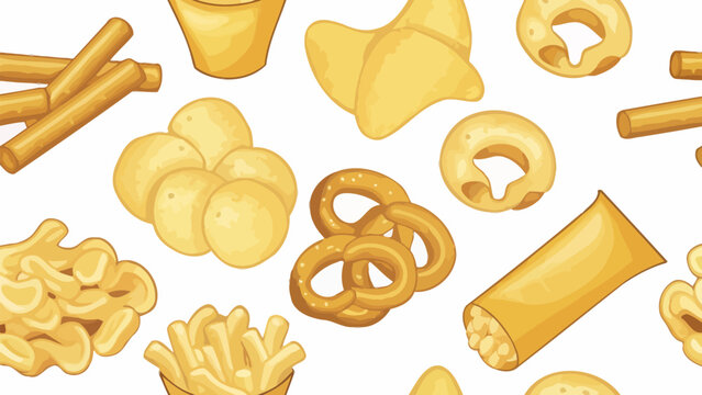 Assorted savory snack foods seamless pattern with pretzels seamless appetizer