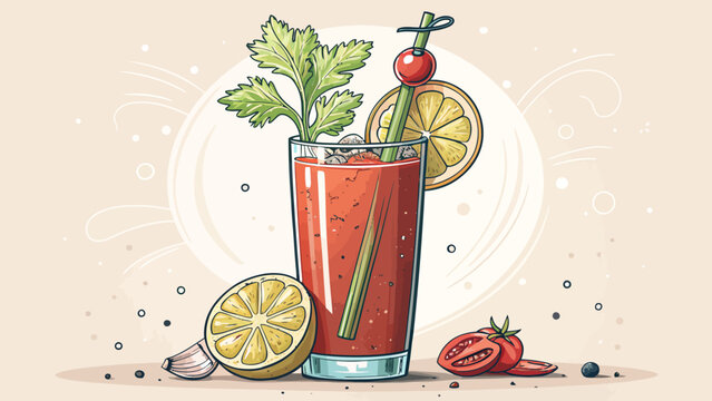 Illustration of a bloody mary cocktail with celery and tomato garnish, cocktail