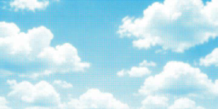 Halftone vector illustration of clouds on a light blue sky background. The design features hexagonal halftone patterns creating a modern and dynamic texture. Perfect for backgrounds,