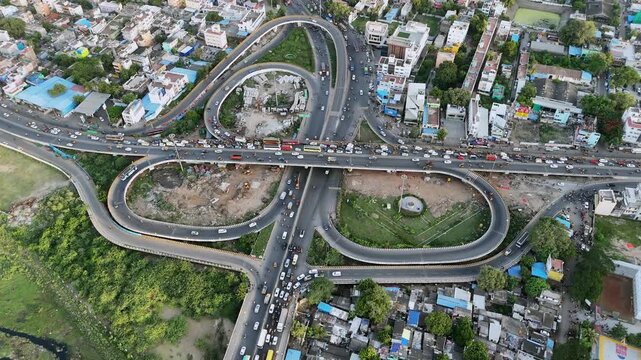 Aerial Shot of Anna Nagar Flyover and Urban Traffic in Chennai Tamil Nadu India